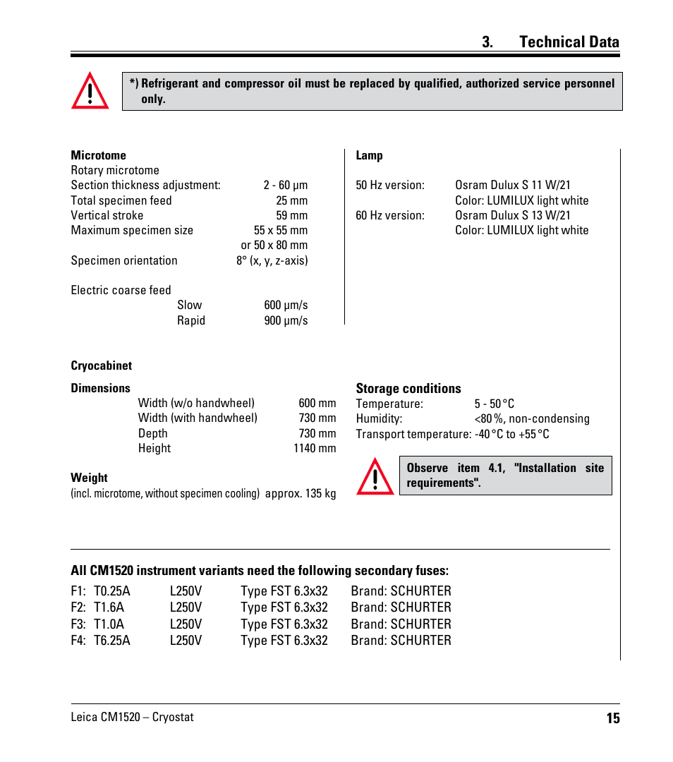 Technical data | Leica Biosystems CM1520 User Manual | Page 15 / 92