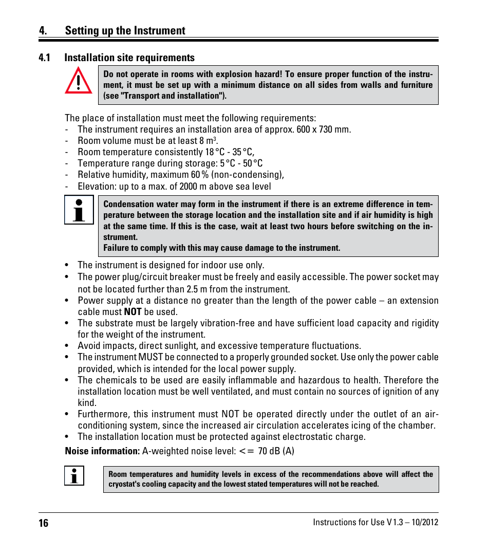 Setting up the instrument, 1 installation site requirements, Installation site requirements | Leica Biosystems CM1520 User Manual | Page 16 / 92
