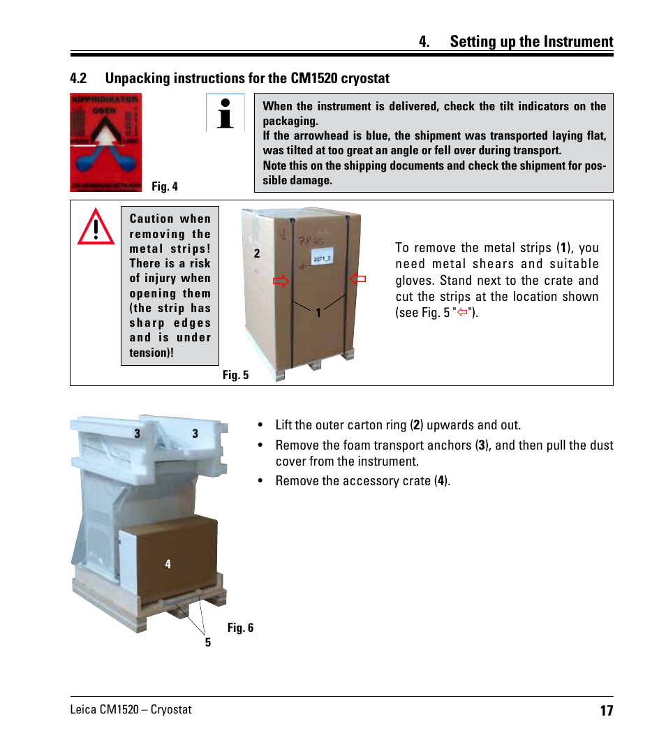 2 unpacking instructions for the cm1520 cryostat, Unpacking instructions for the cm1520 cryostat, Setting up the instrument | Leica Biosystems CM1520 User Manual | Page 17 / 92