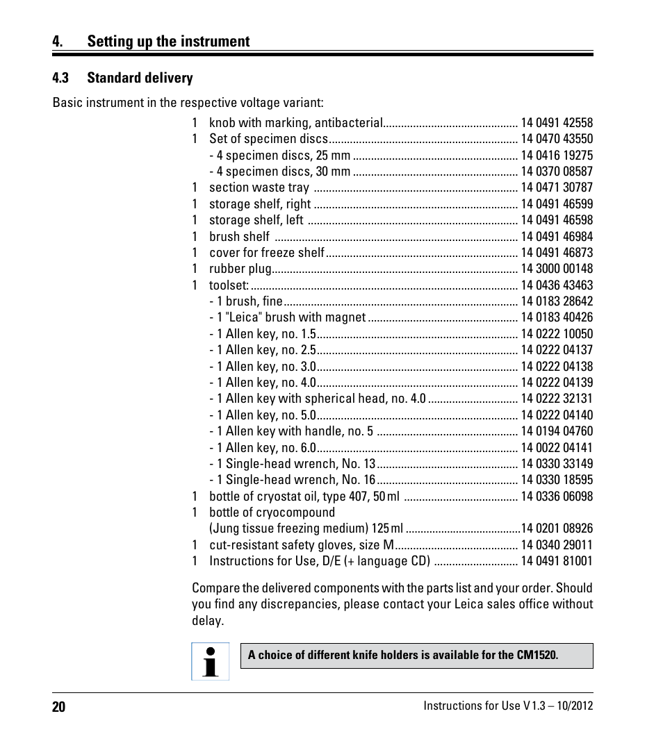 3 standard delivery, Standard delivery, Setting up the instrument | Leica Biosystems CM1520 User Manual | Page 20 / 92