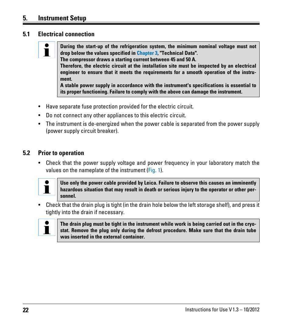 Instrument setup, 1 electrical connection, 2 prior to operation | Electrical connection, Prior to operation | Leica Biosystems CM1520 User Manual | Page 22 / 92