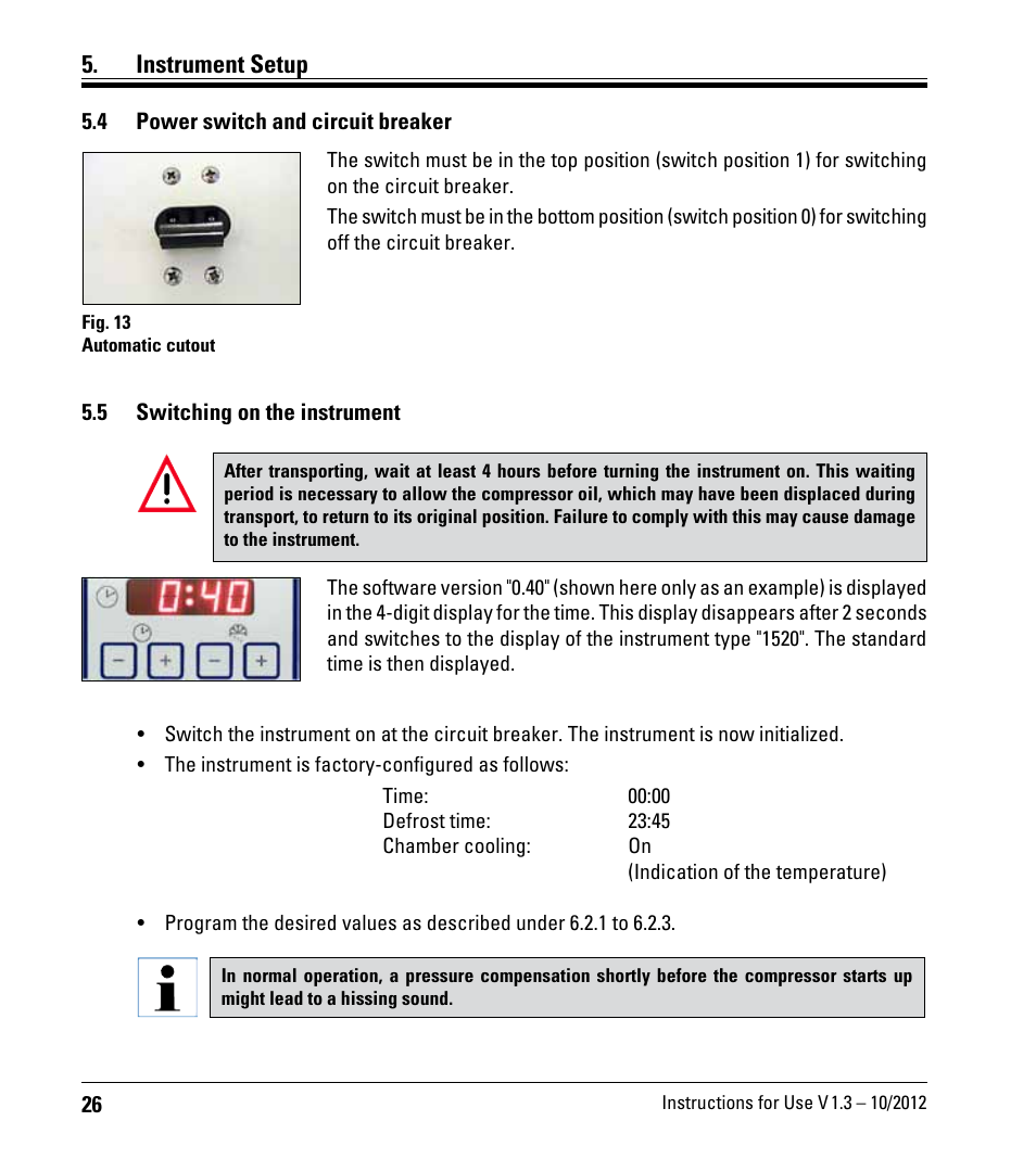 4 power switch and circuit breaker, 5 switching on the instrument, Power switch and circuit breaker | Switching on the instrument, Instrument setup | Leica Biosystems CM1520 User Manual | Page 26 / 92