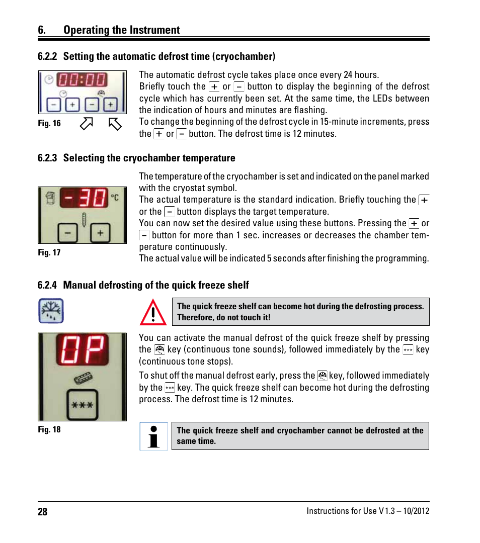 2 setting the automatic defrost time (cryochamber), 3 selecting the cryochamber temperature, 4 manual defrosting of the quick freeze shelf | Leica Biosystems CM1520 User Manual | Page 28 / 92