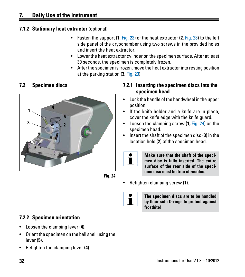 2 stationary heat extractor (optional), 2 specimen discs, 2 specimen orientation | 2 stationary heat extractor, Optional), Specimen discs, Daily use of the instrument | Leica Biosystems CM1520 User Manual | Page 32 / 92