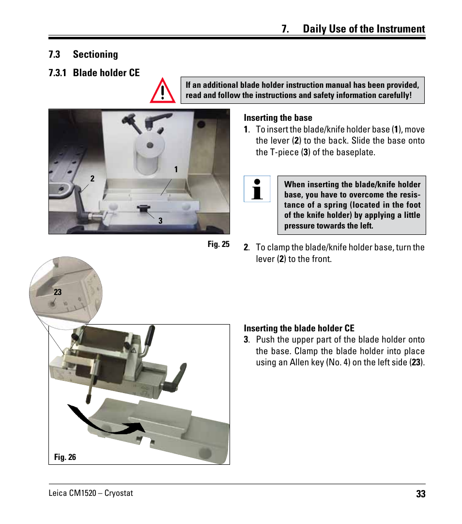 3 sectioning, 1 blade holder ce, Daily use of the instrument | Leica Biosystems CM1520 User Manual | Page 33 / 92