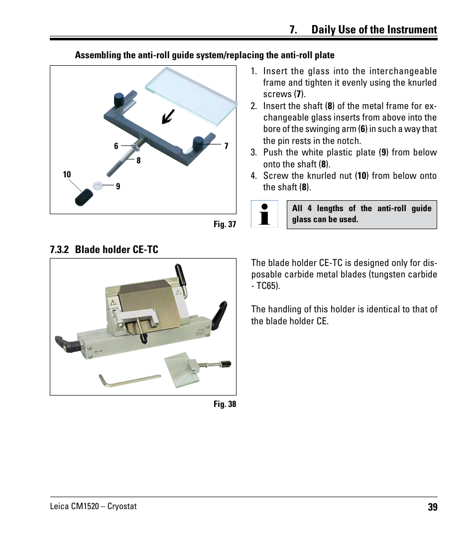 2 blade holder ce-tc, Daily use of the instrument | Leica Biosystems CM1520 User Manual | Page 39 / 92