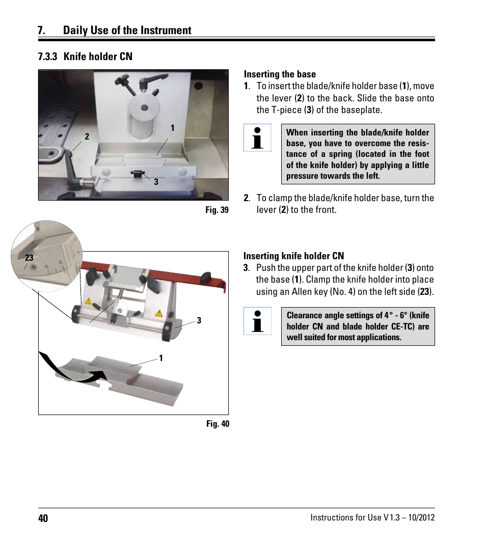 3 knife holder cn, Daily use of the instrument | Leica Biosystems CM1520 User Manual | Page 40 / 92