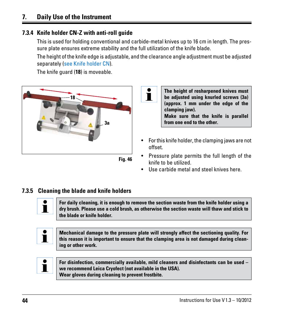 4 knife holder cn-z with anti-roll guide, 5 cleaning the blade and knife holders, Daily use of the instrument | Leica Biosystems CM1520 User Manual | Page 44 / 92