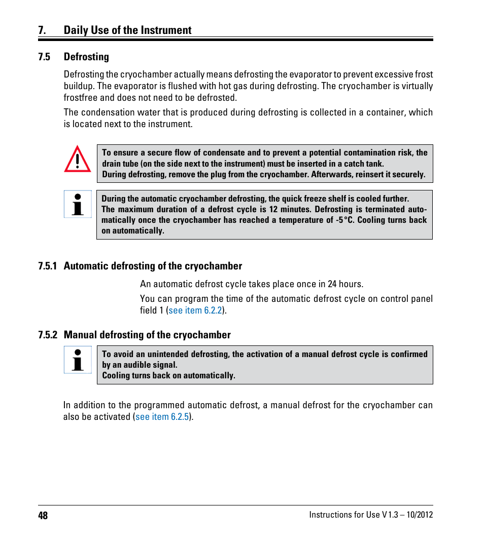 5 defrosting, 1 automatic defrosting of the cryochamber, 2 manual defrosting of the cryochamber | Daily use of the instrument | Leica Biosystems CM1520 User Manual | Page 48 / 92