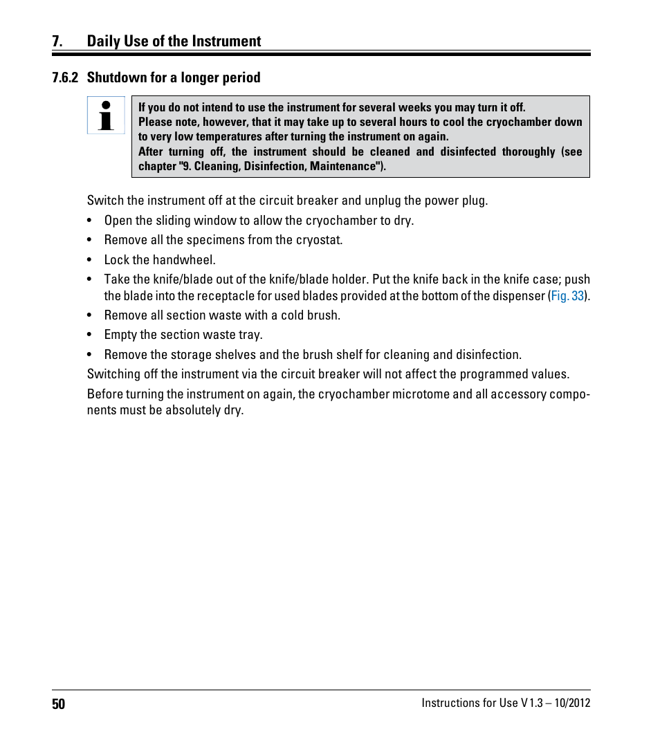 2 shutdown for a longer period, Daily use of the instrument | Leica Biosystems CM1520 User Manual | Page 50 / 92