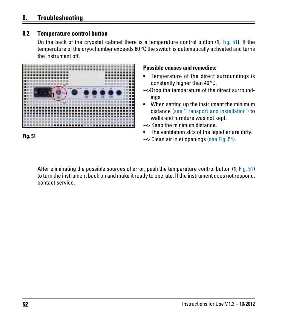 2 temperature control button, Temperature control button, Troubleshooting | Leica Biosystems CM1520 User Manual | Page 52 / 92