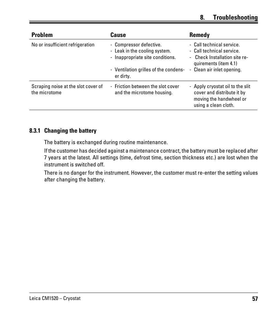 1 changing the battery, Troubleshooting | Leica Biosystems CM1520 User Manual | Page 57 / 92