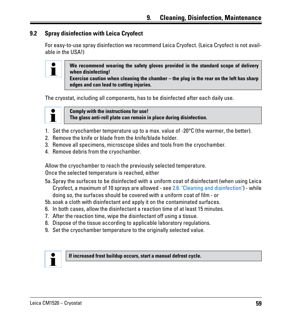 2 spray disinfection with leica cryofect, Spray disinfection with leica cryofect, Cleaning, disinfection, maintenance | Leica Biosystems CM1520 User Manual | Page 59 / 92