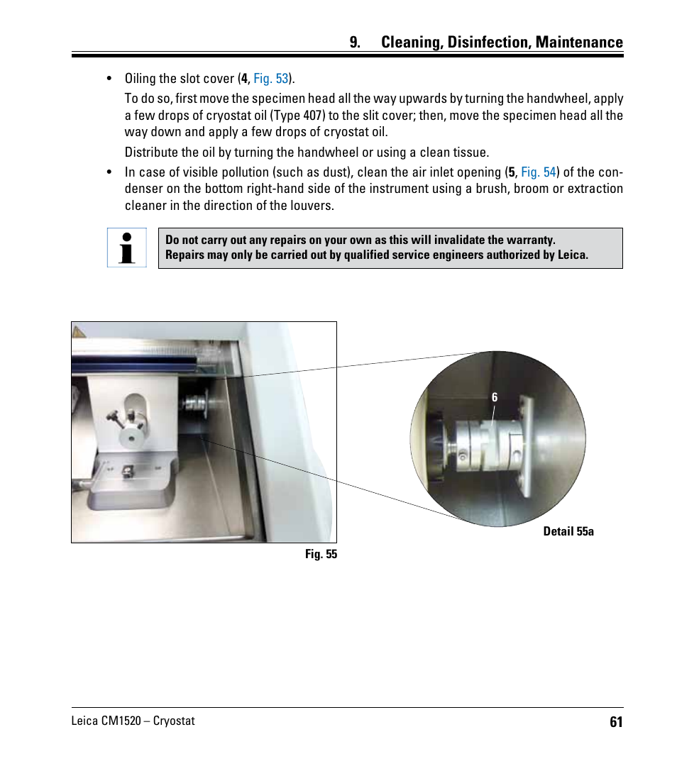 Cleaning, disinfection, maintenance | Leica Biosystems CM1520 User Manual | Page 61 / 92
