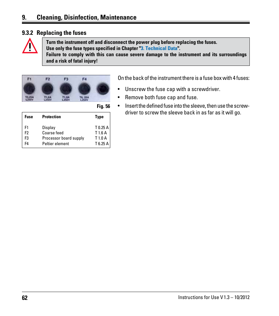 2 replacing the fuses, Cleaning, disinfection, maintenance | Leica Biosystems CM1520 User Manual | Page 62 / 92