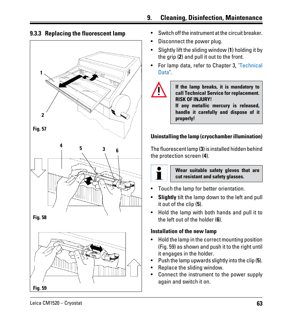 3 replacing the fluorescent lamp, Cleaning, disinfection, maintenance | Leica Biosystems CM1520 User Manual | Page 63 / 92