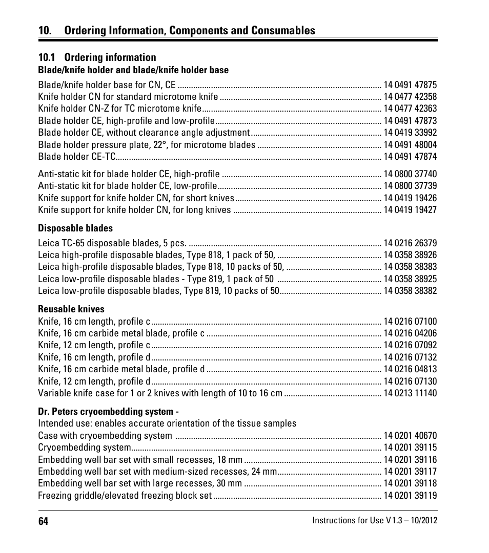 Ordering information, components and consumables, 1 ordering information | Leica Biosystems CM1520 User Manual | Page 64 / 92