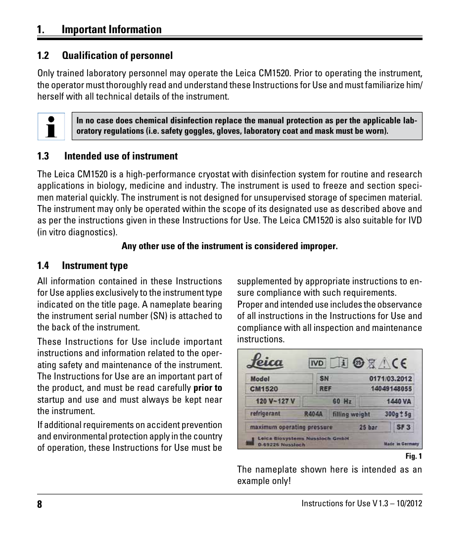 2 qualification of personnel, 3 intended use of instrument, 4 instrument type | Qualification of personnel, Intended use of instrument, Instrument type, Important information | Leica Biosystems CM1520 User Manual | Page 8 / 92