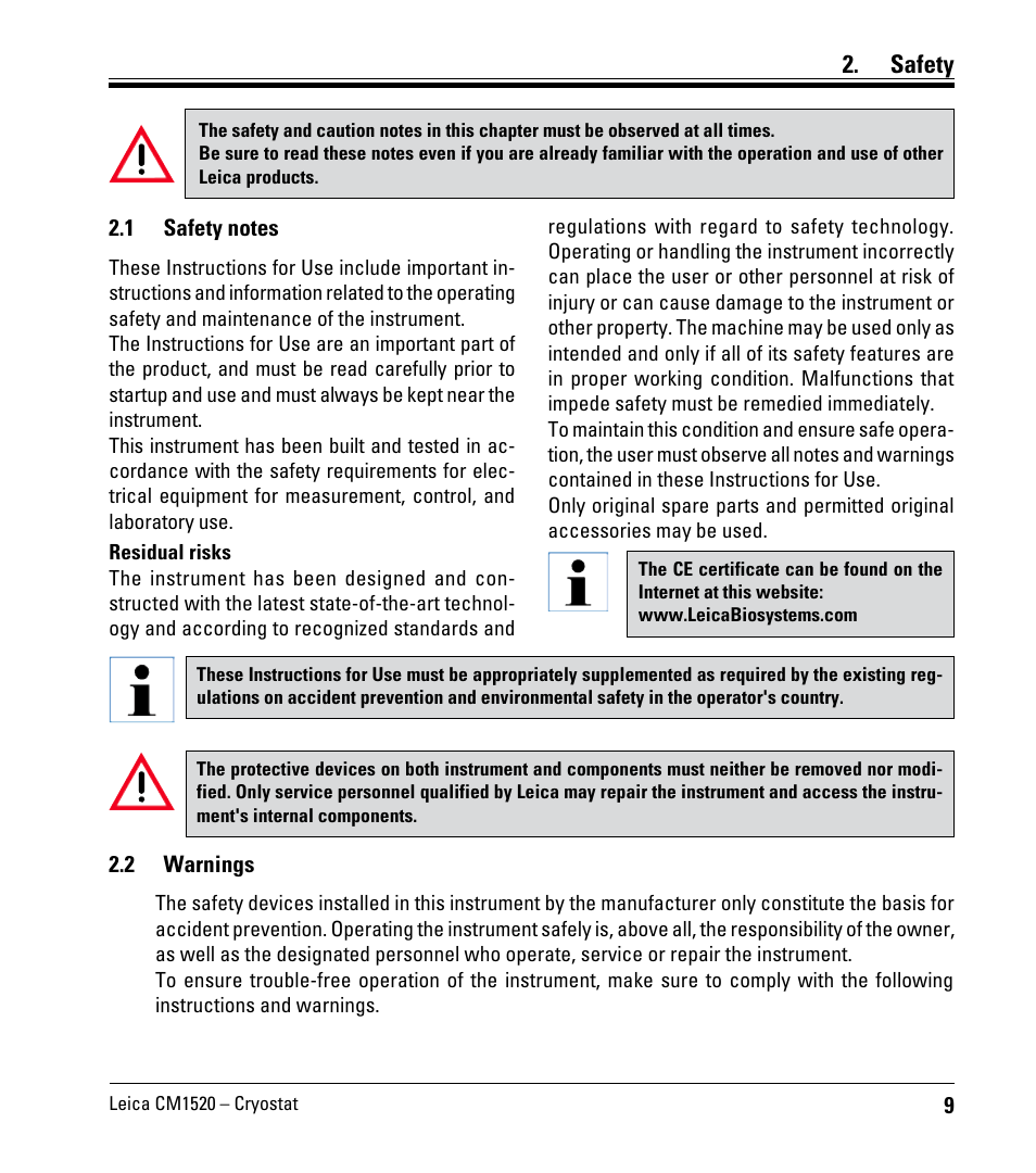 Safety, 1 safety notes, 2 warnings | Safety notes | Leica Biosystems CM1520 User Manual | Page 9 / 92