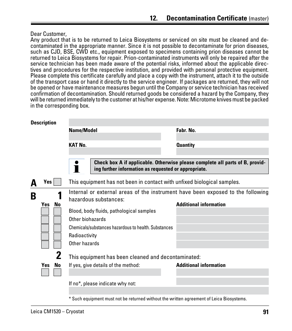 Decontamination certificate (master), Decontamination certificate | Leica Biosystems CM1520 User Manual | Page 91 / 92