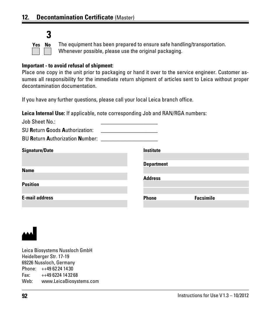 Decontamination certificate | Leica Biosystems CM1520 User Manual | Page 92 / 92