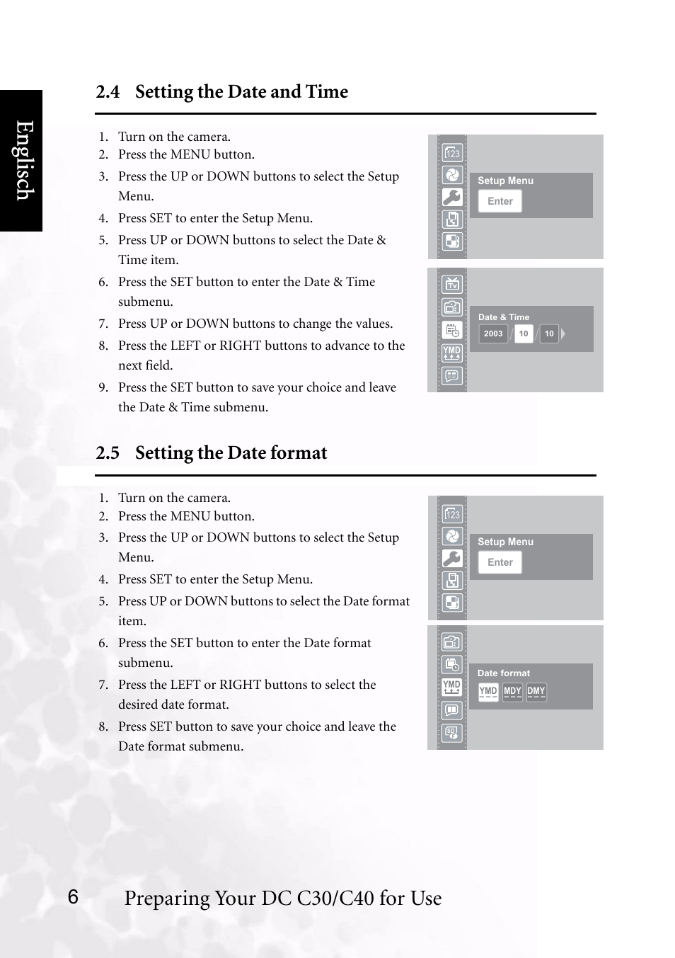 4 setting the date and time, 5 setting the date format, Benq dc 5530 user’s manual | Eng lisc h, Preparing your dc c30/c40 for use | BenQ DC C40 User Manual | Page 10 / 37