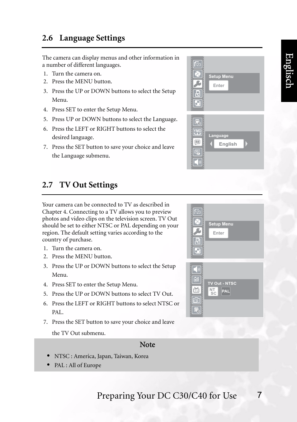 6 language settings, 7 tv out settings, 6 language settings 2.7 tv out settings | Benq dc 5530 user’s manual, Eng lisc h, Preparing your dc c30/c40 for use | BenQ DC C40 User Manual | Page 11 / 37