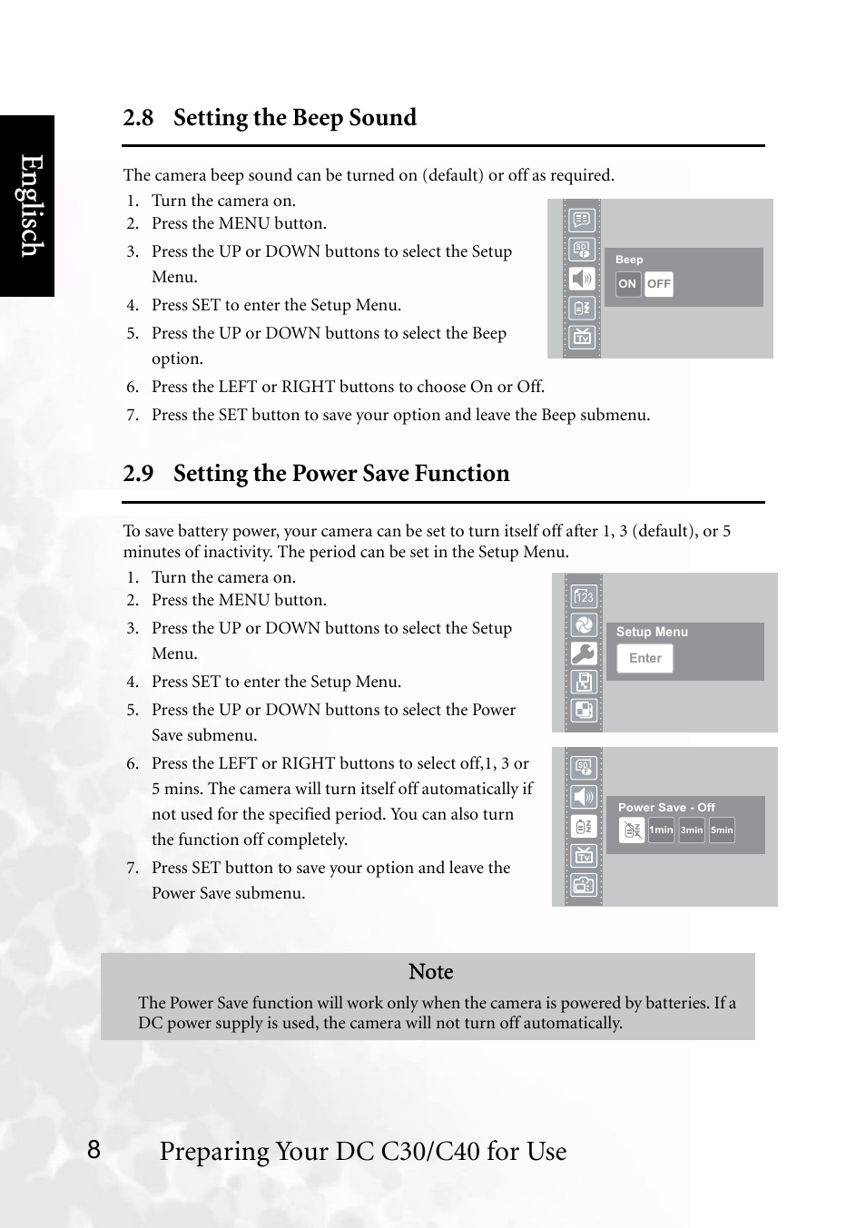 8 setting the beep sound, 9 setting the power save function, Benq dc 5530 user’s manual | Eng lisc h, Preparing your dc c30/c40 for use | BenQ DC C40 User Manual | Page 12 / 37