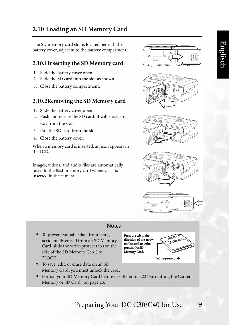 10 loading an sd memory card, 1 inserting the sd memory card, 2 removing the sd memory card | Benq dc 5530 user’s manual, Eng lisc h, Preparing your dc c30/c40 for use | BenQ DC C40 User Manual | Page 13 / 37