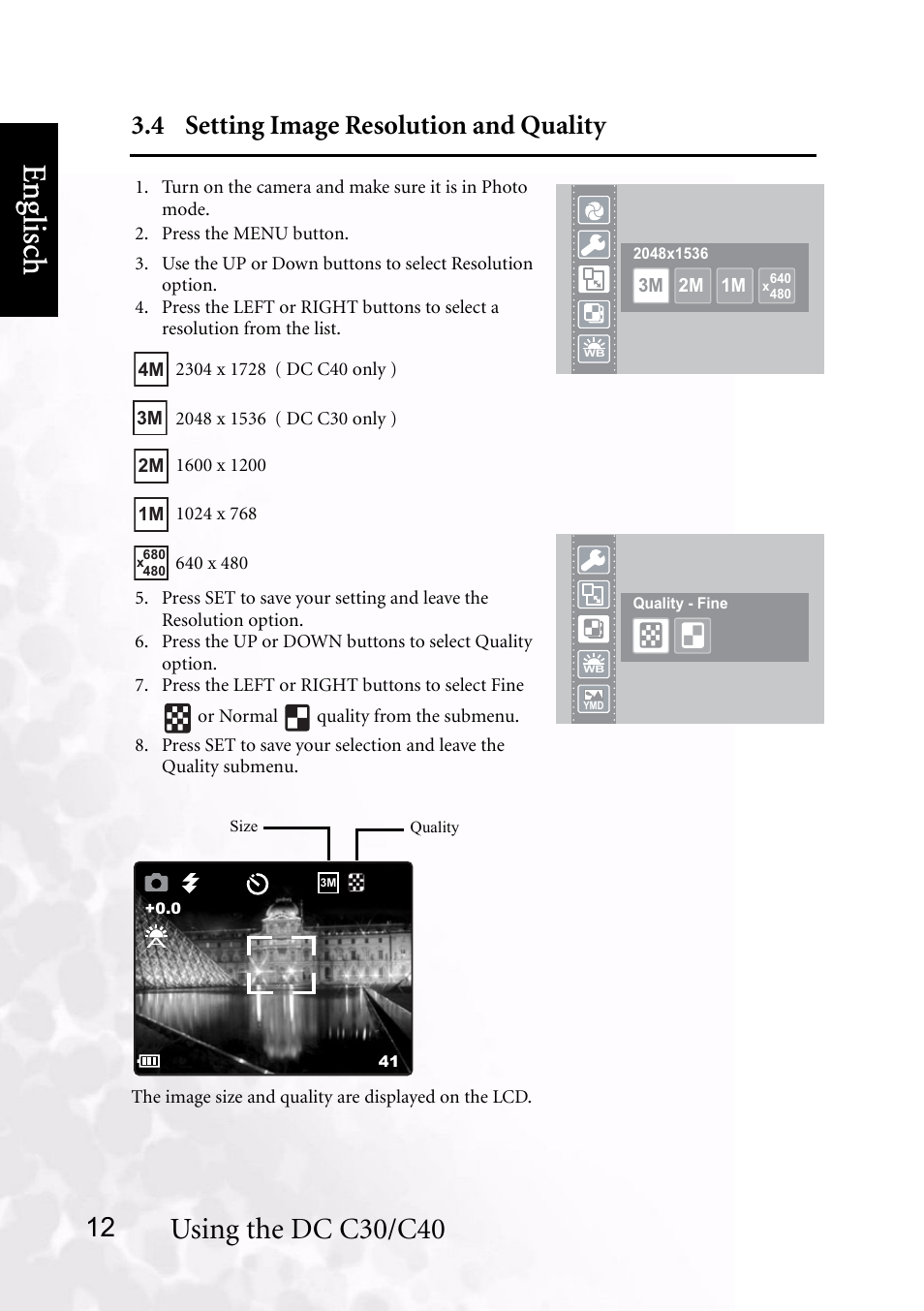 4 setting image resolution and quality, Benq dc 5530 user’s manual, Eng lisc h | Using the dc c30/c40 | BenQ DC C40 User Manual | Page 16 / 37