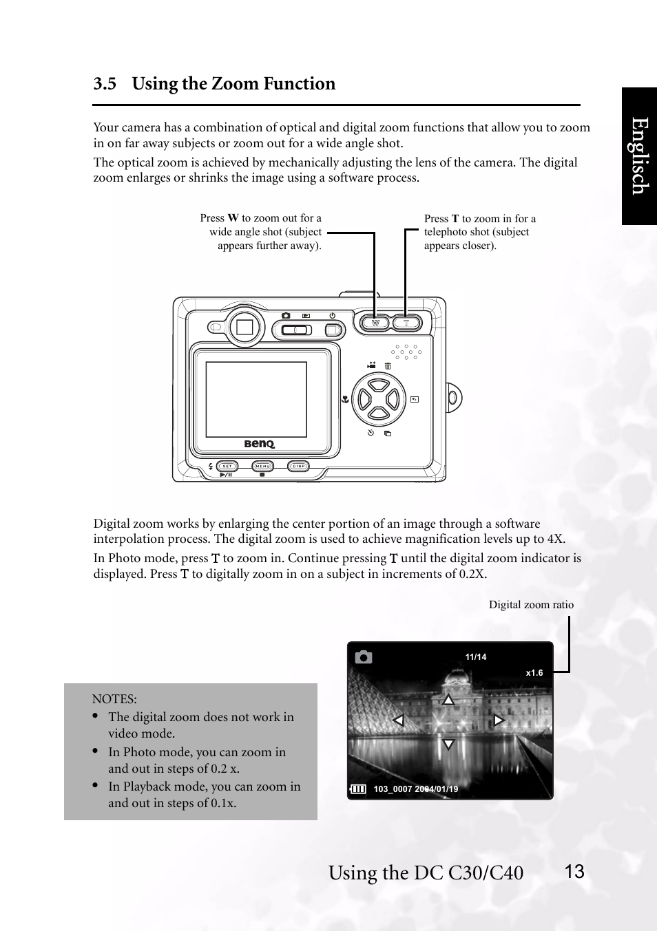 5 using the zoom function, Benq dc 5530 user’s manual, Eng lisc h | Using the dc c30/c40 | BenQ DC C40 User Manual | Page 17 / 37