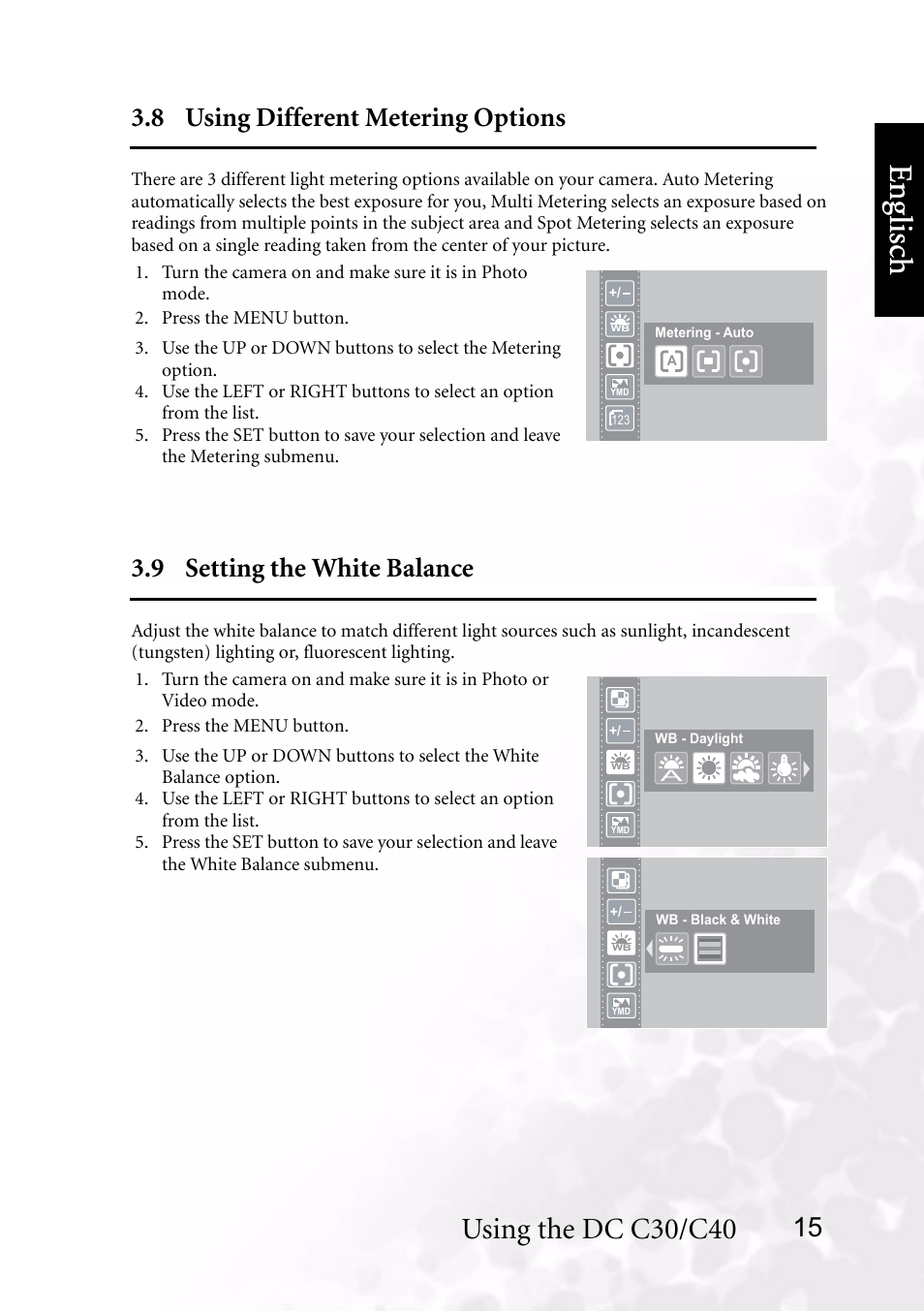 8 using different metering options, 9 setting the white balance, Benq dc 5530 user’s manual | Eng lisc h, Using the dc c30/c40 | BenQ DC C40 User Manual | Page 19 / 37
