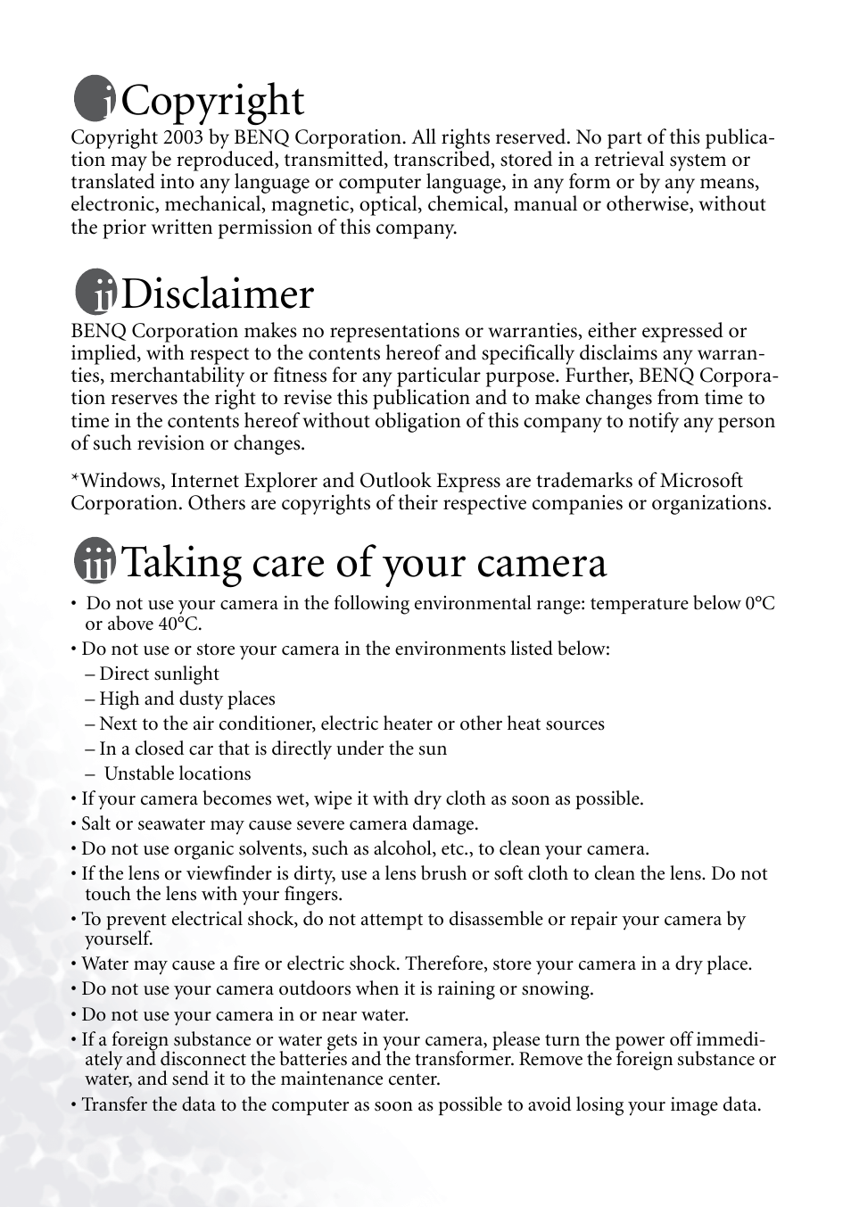 Copyright, Disclaimer, Taking care of your camera | BenQ DC C40 User Manual | Page 2 / 37