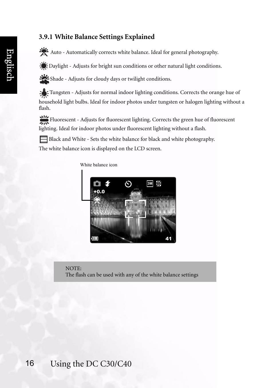 1 white balance settings explained, Benq dc 5530 user’s manual, Eng lisc h | Using the dc c30/c40 | BenQ DC C40 User Manual | Page 20 / 37