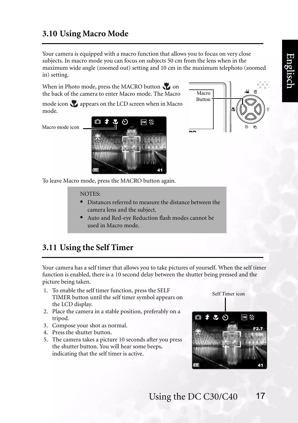 10 using macro mode, 11 using the self timer, 10 using macro mode 3.11 using the self timer | Benq dc 5530 user’s manual, Eng lisc h, Using the dc c30/c40 | BenQ DC C40 User Manual | Page 21 / 37