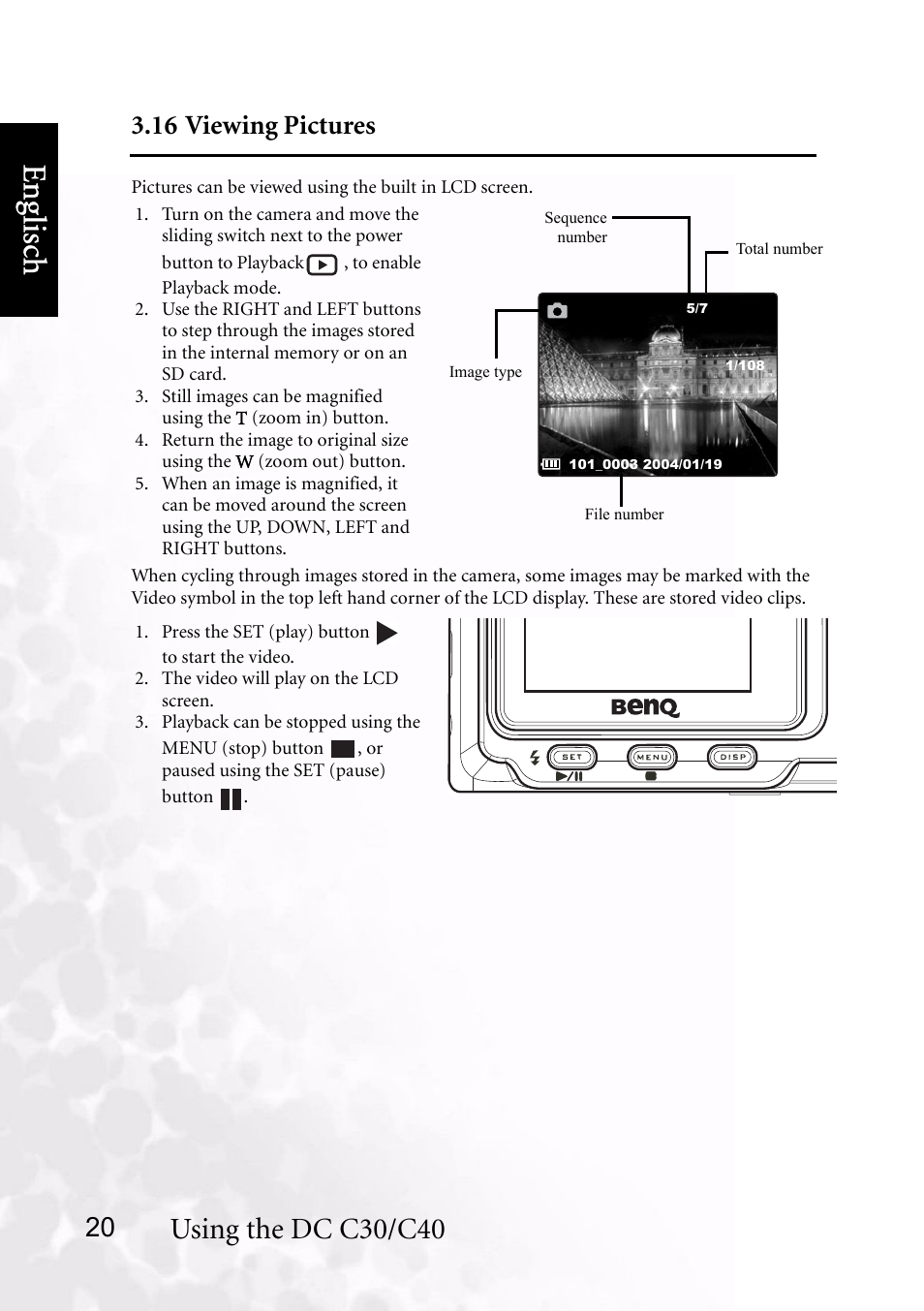 16 viewing pictures, Benq dc 5530 user’s manual, Eng lisc h | Using the dc c30/c40 | BenQ DC C40 User Manual | Page 24 / 37