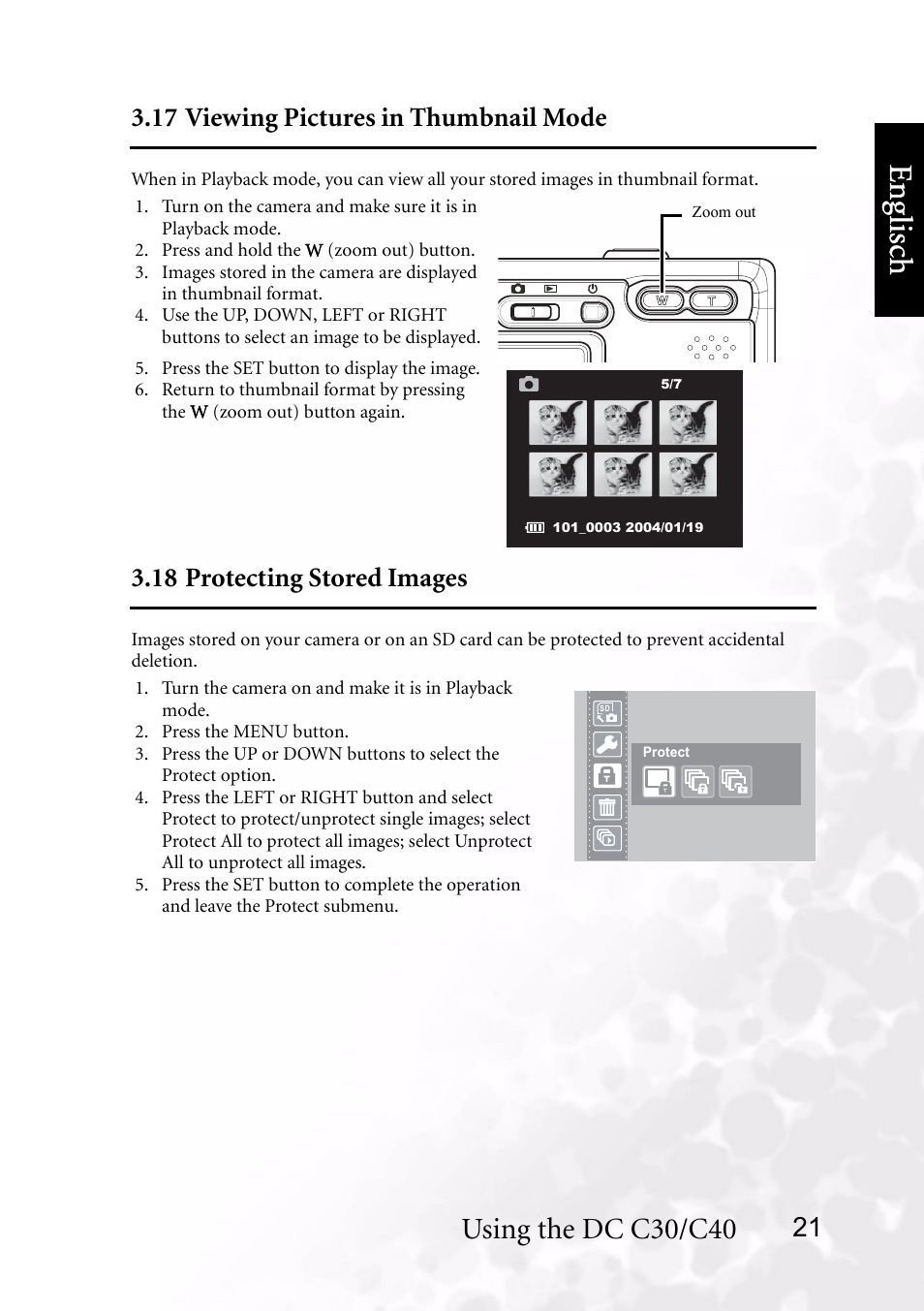 17 viewing pictures in thumbnail mode, 18 protecting stored images, Benq dc 5530 user’s manual | Eng lisc h, Using the dc c30/c40 | BenQ DC C40 User Manual | Page 25 / 37