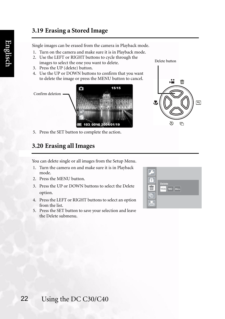 19 erasing a stored image, 20 erasing all images, 19 erasing a stored image 3.20 erasing all images | Benq dc 5530 user’s manual, Eng lisc h, Using the dc c30/c40 | BenQ DC C40 User Manual | Page 26 / 37