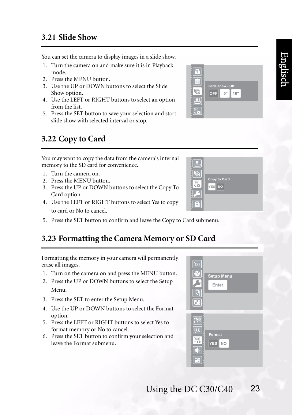 21 slide show, 22 copy to card, 23 formatting the camera memory or sd card | Benq dc 5530 user’s manual, Eng lisc h, Using the dc c30/c40 | BenQ DC C40 User Manual | Page 27 / 37