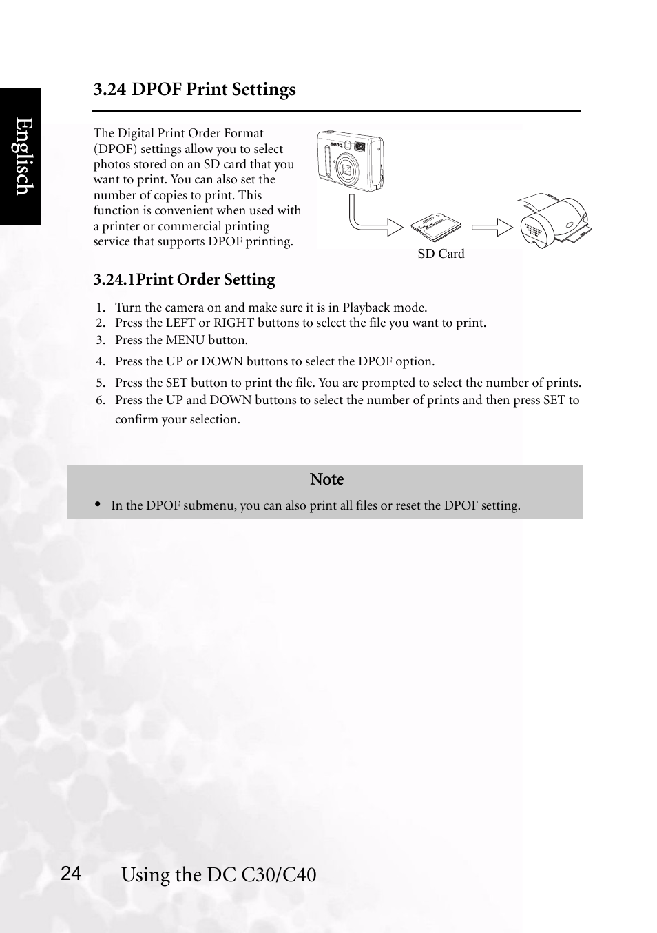 24 dpof print settings, 1 print order setting, Benq dc 5530 user’s manual | Eng lisc h, Using the dc c30/c40 | BenQ DC C40 User Manual | Page 28 / 37
