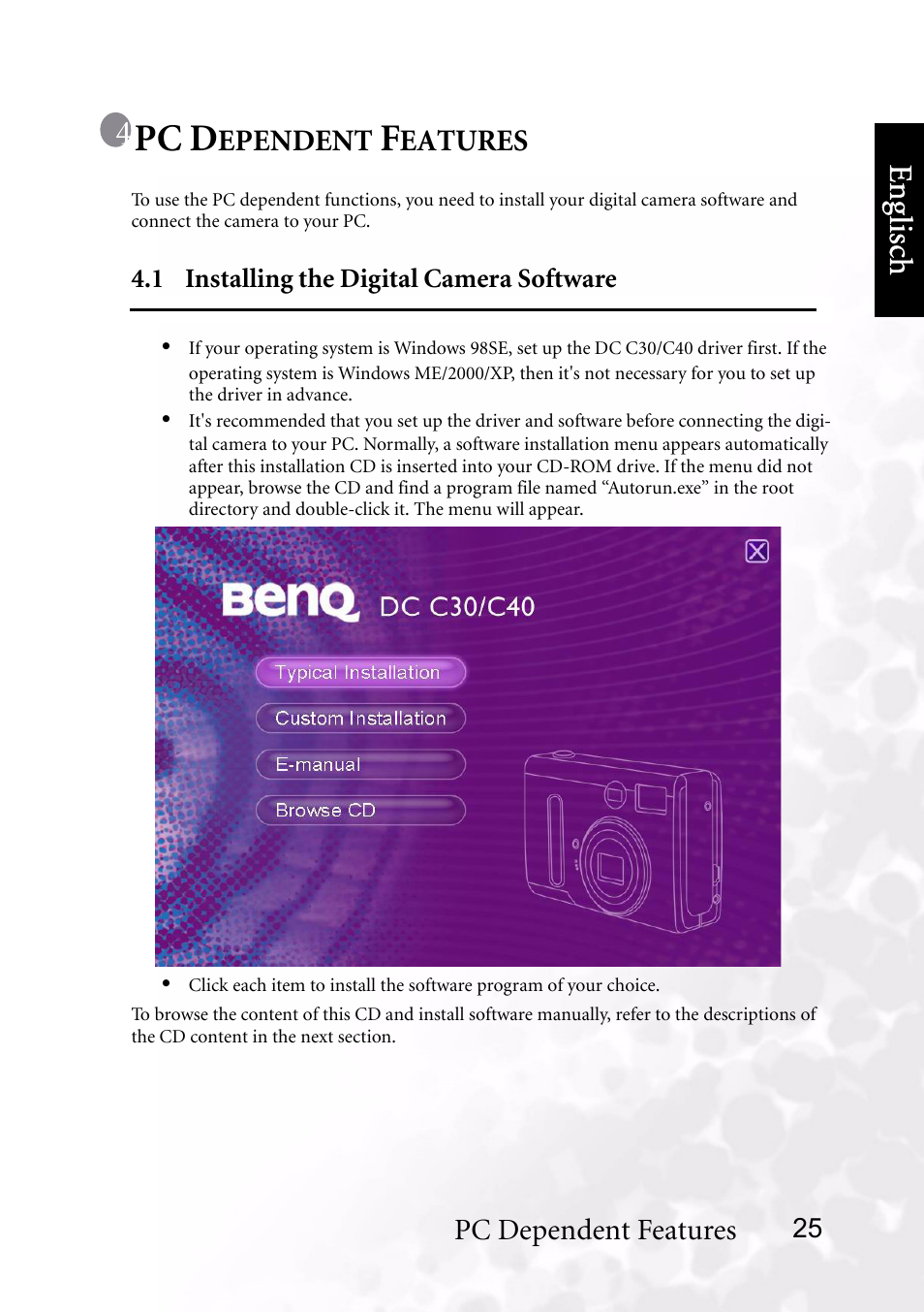 Pc dependent features, 1 installing the digital camera software, Benq dc 5530 user’s manual | 4pc d, Eng lisc h | BenQ DC C40 User Manual | Page 29 / 37