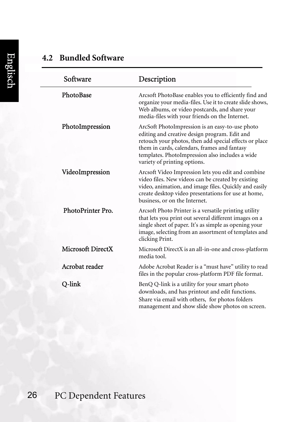 2 bundled software, Benq dc 5530 user’s manual, Eng lisc h | Pc dependent features | BenQ DC C40 User Manual | Page 30 / 37