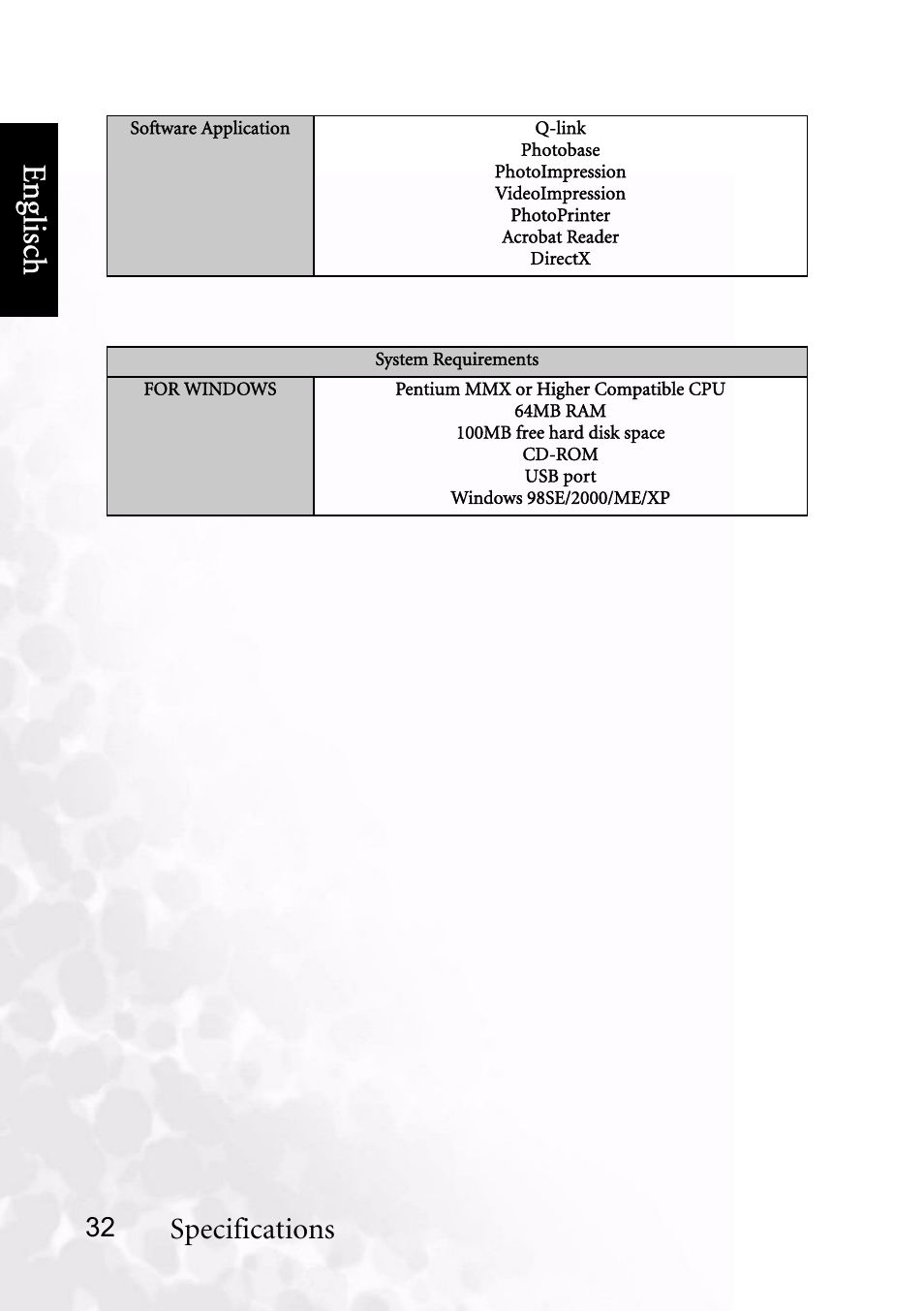 Benq dc 5530 user’s manual, Eng lisc h, Specifications | BenQ DC C40 User Manual | Page 36 / 37