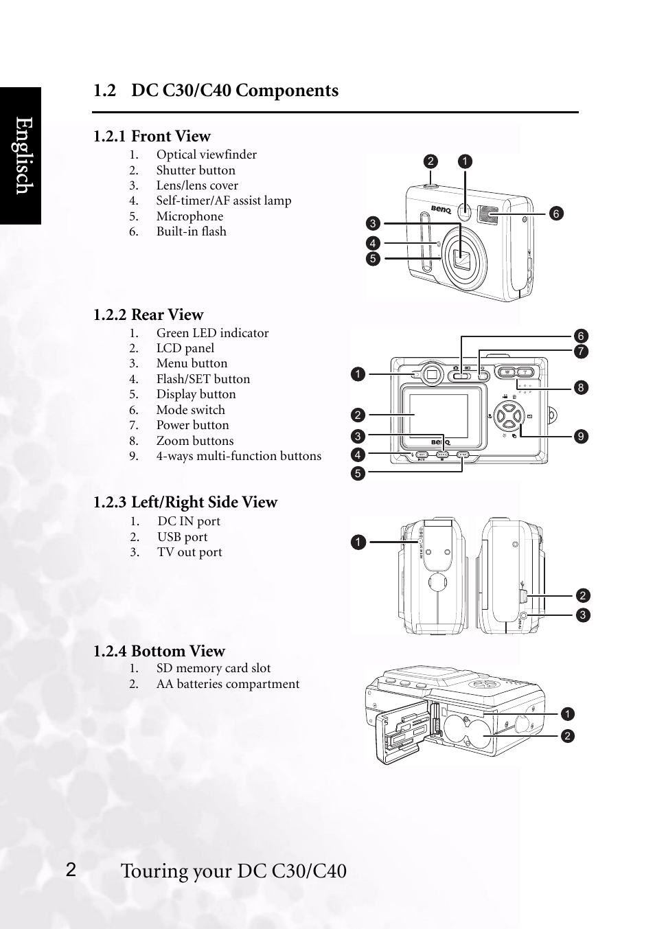 2 dc c30/c40 components, 1 front view, 2 rear view | 3 left/right side view, 4 bottom view, Benq dc 5530 user’s manual, Eng lisc h, Touring your dc c30/c40 | BenQ DC C40 User Manual | Page 6 / 37