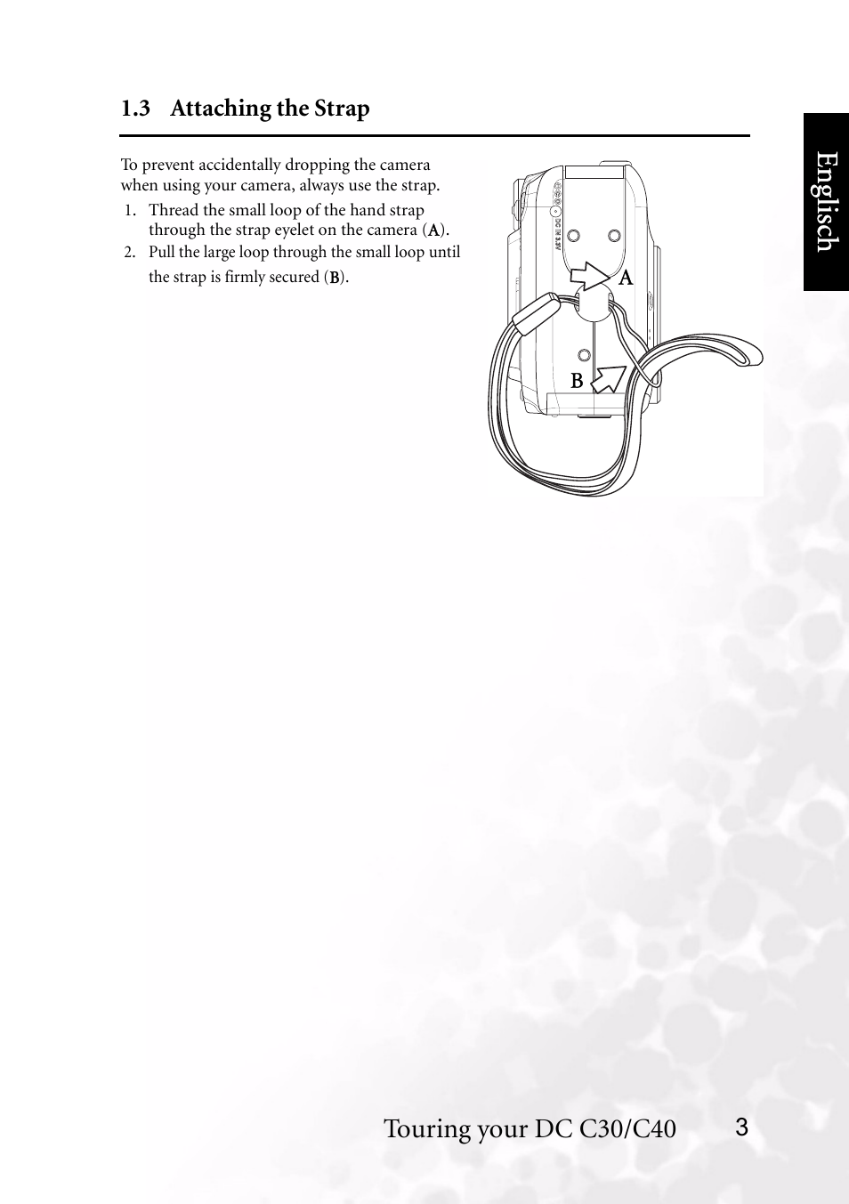 3 attaching the strap, Benq dc 5530 user’s manual, Eng lisc h | Touring your dc c30/c40 | BenQ DC C40 User Manual | Page 7 / 37