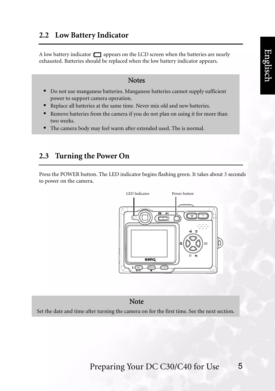 2 low battery indicator, 3 turning the power on, 2 low battery indicator 2.3 turning the power on | Benq dc 5530 user’s manual, Eng lisc h, Preparing your dc c30/c40 for use | BenQ DC C40 User Manual | Page 9 / 37