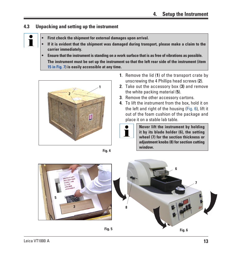 Setup the instrument, 3 unpacking and setting up the instrument | Leica Biosystems VT1000 A User Manual | Page 13 / 49