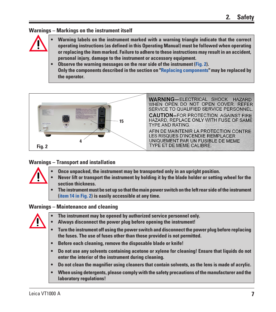 Safety | Leica Biosystems VT1000 A User Manual | Page 7 / 49