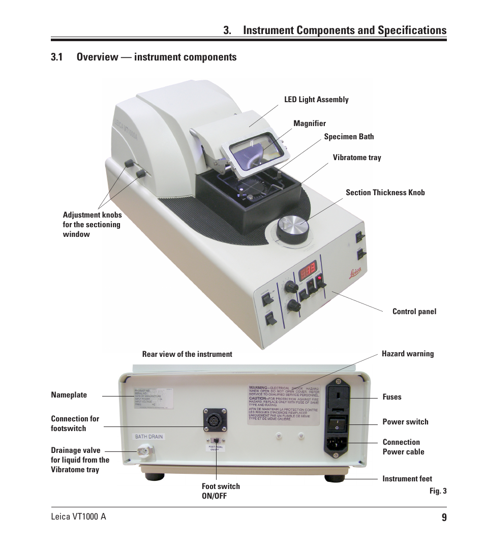 Instrument components and specifications, 1 overview — instrument components | Leica Biosystems VT1000 A User Manual | Page 9 / 49