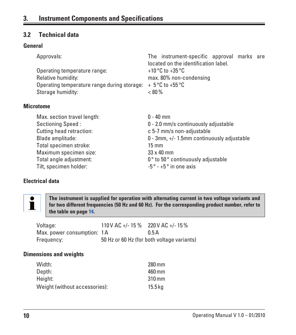 Instrument components and specifications | Leica Biosystems VT1000 P User Manual | Page 10 / 48